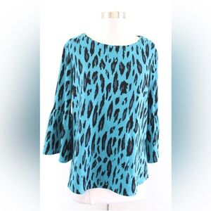 Tyler Boe Women's Teal Black Leopard Print Knit Bell Sleeve Top